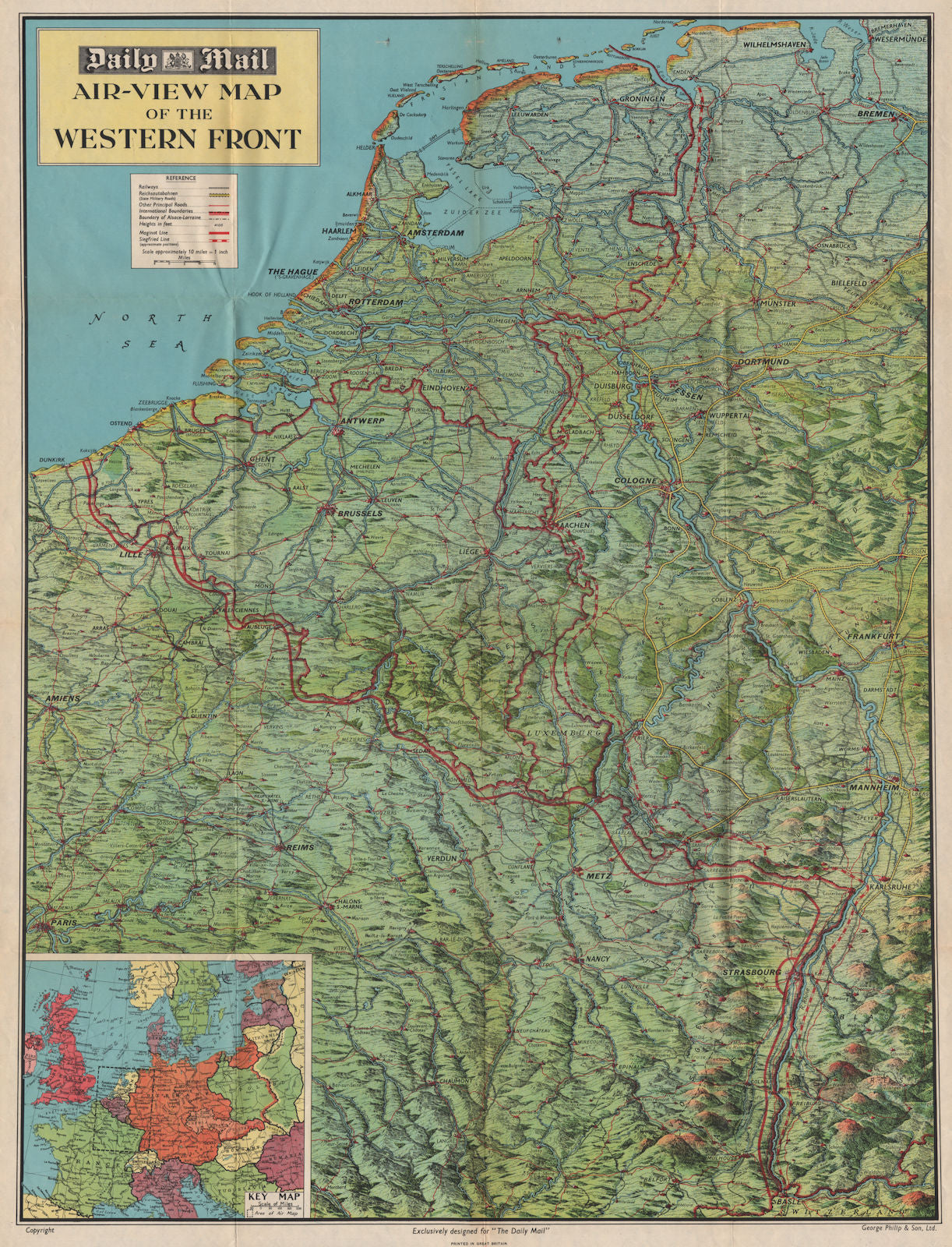 WW2 'WESTERN FRONT' in 1940. Bird's eye view before invasion of France 1940 map
